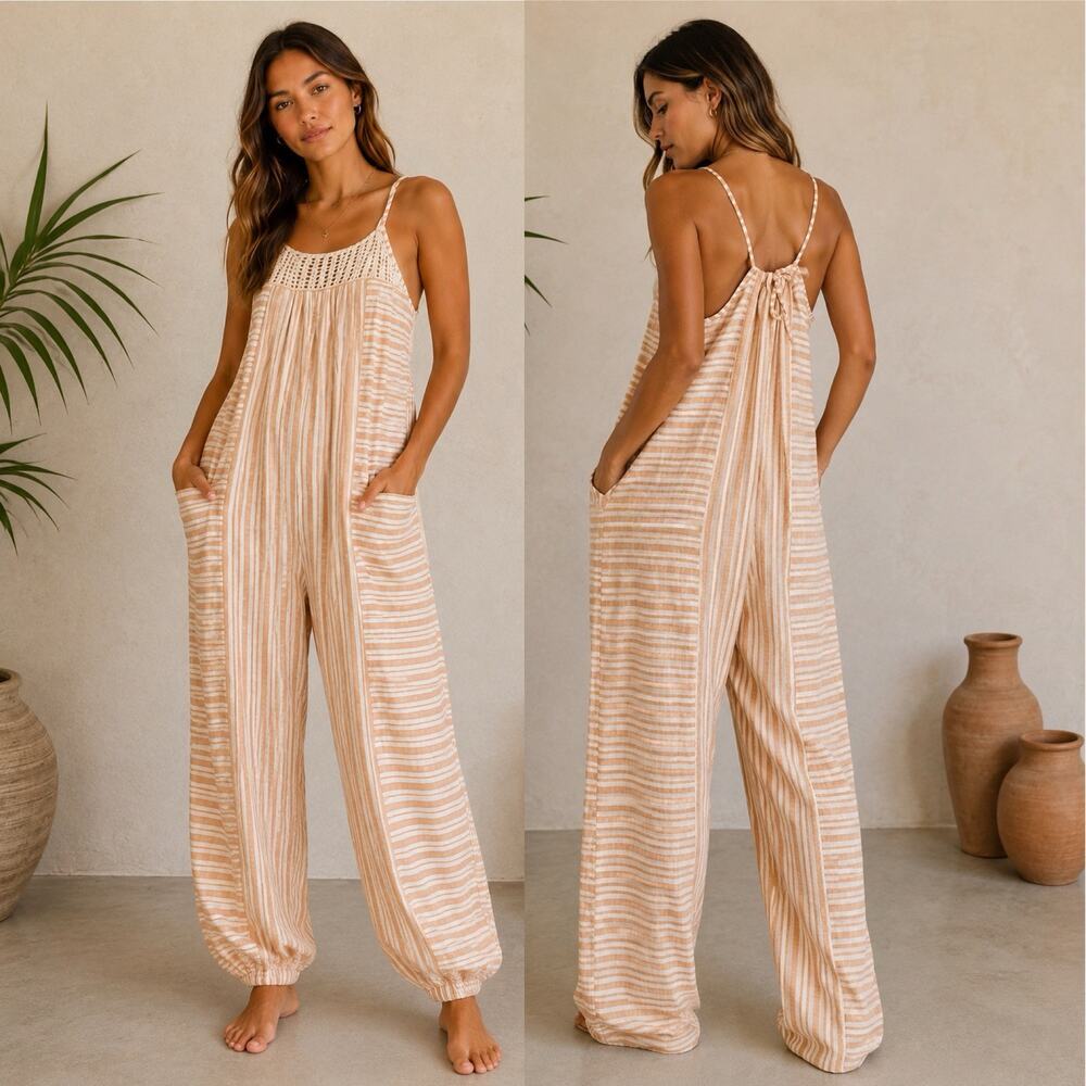 Agua Bendita Creta Lula Striped Cotton Linen Crochet Resort Jumpsuit S NWT